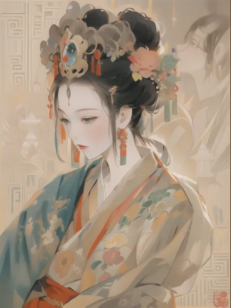 Ancient Chinese Women，Wearing a classical ornate golden crown，Intricate and sophisticated headdress，The crown is set with pearls...