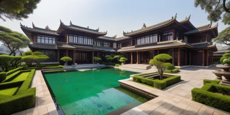 lakeside, chinese-style mansion, intricate details, classical and modern fusion, architectural style, decorations, amenities, ga...