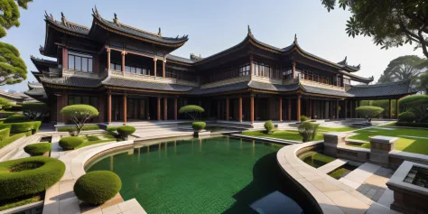 lakeside, chinese-style mansion, intricate details, classical and modern fusion, architectural style, decorations, amenities, ga...