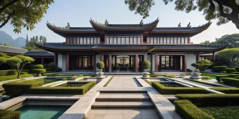 lakeside, chinese-style mansion, intricate details, classical and modern fusion, architectural style, decorations, amenities, ga...