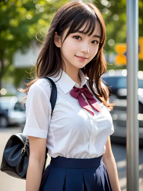 masterpiece, 1girl in 1photo, cowboy shot, front view, a young pretty girl in Japan, 18 years old, waiting a bus at a bus stop with a big smile in the morning, glamorous figure, wearing a short sleeve shiny silk white shirt with white collar, a shiny red s...