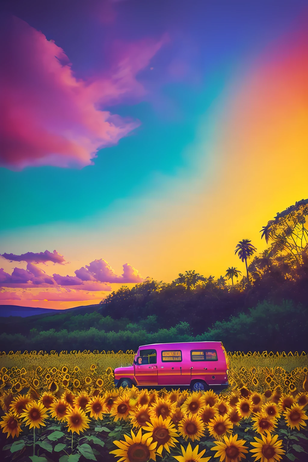 The image depicts a van adorned with vibrant illustrations of sunflowers and people playing guitars. The van's exterior is decorated with psychedelic patterns, reminiscent of the hippie movement. The sunflowers create a cheerful and colorful atmosphere, while the people and women playing guitars add a sense of harmony and musical joy. The scene seems to exude a laid-back and free-spirited vibe, capturing the essence of a carefree and artistic lifestyle. The combination of the psychedelic artwork, music, and sunflowers creates an uplifting and nostalgic ambiance, reminiscent of the counterculture movement of the 1960s and 1970s. (RAW photo:1.2),(photorealistic:1.4),(masterpiece:1.3),(best quality:1.4),ultra high res, HDR,8k r