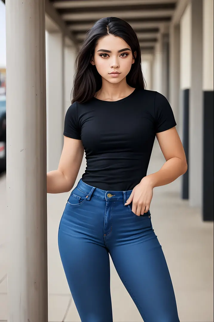 stunning intricate full color portrait, wearing a black round neck plain Tee-shirt, full length tee-shirt, tight jeans, epic cha...