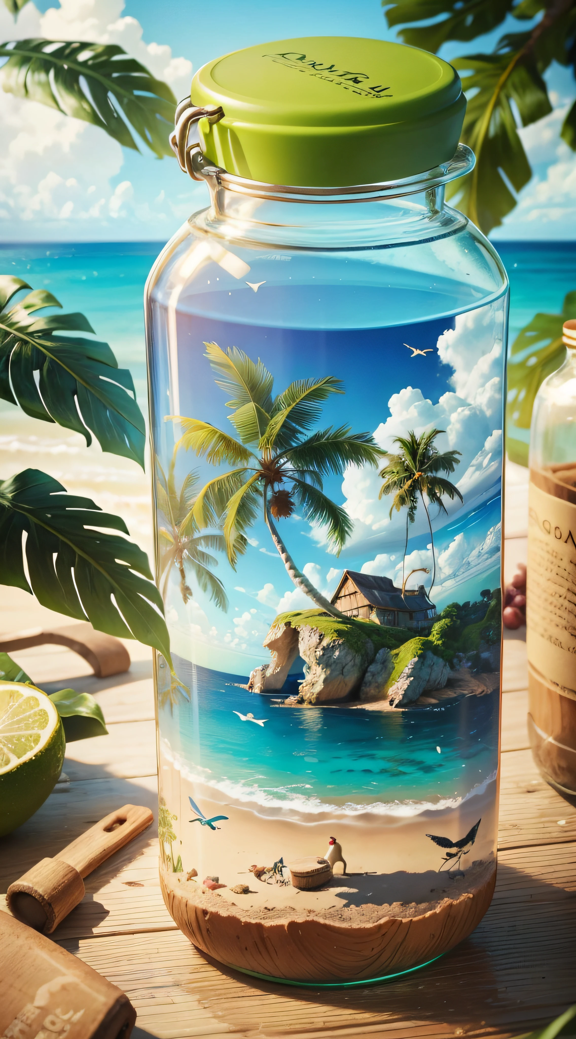 A tropical island in an old bottle with a bird flying around the bottle... Bouteille ouverte pas de bouchon