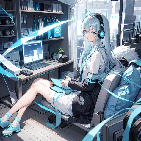 femele,Silvery hair(((Light blue headphones))),Listening to music,Listen intently,The background is the city center,Like Tokyo,f...