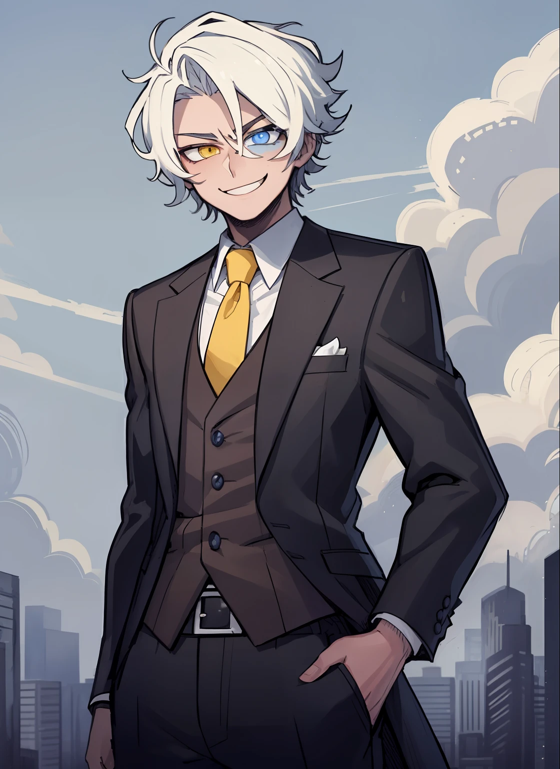 1boy, eye focus, yellow eyes, blue eyes, heterochromia, cute, smug, smile, blue suit, necktie, long sleeves