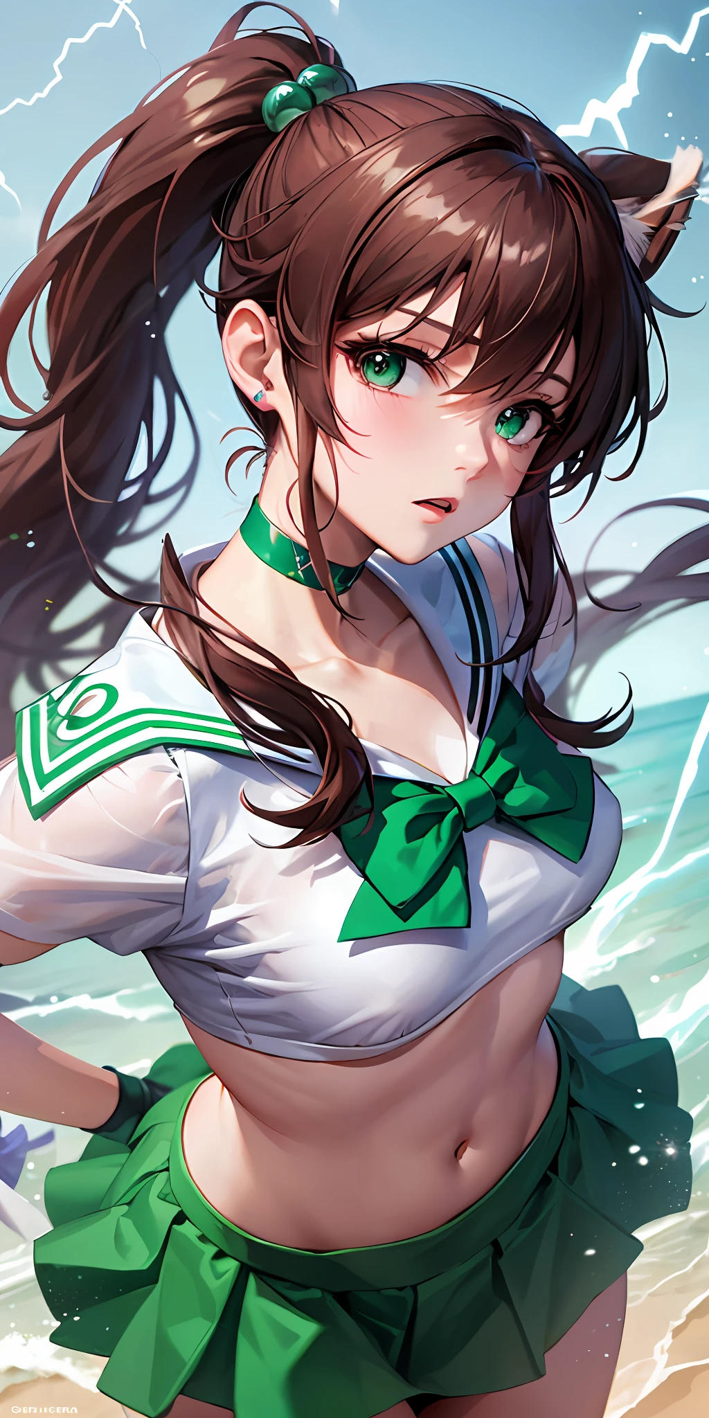 tmasterpiece， best qualtiy， A high resolution， Jupiter 1， 1 rapariga， 独奏， low angles， Sailor senshi uniform， the sailor jupiter， Makoto Kino， red brown hair， magical little girl， Green eyes， white  panties， Green skirt， gloves on the elbow， head gear， pleatedskirt， Green sailor color， mini-skirts， choker necklace， Lightning background， green choker， whitegloves， pony tails， jewely， 耳Nipple Ring， dynamicposes， beach sand background， The expression of 2.0，8K