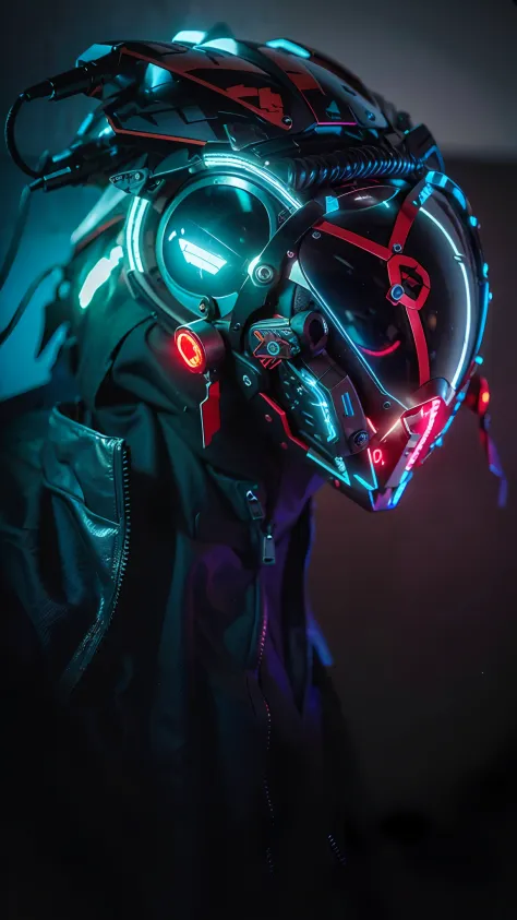 Masterpiece, best quality, a close-up of a futuristic-looking cyborg girl with a fantastic cyberhelmet head with red triangular LED lights and a halo, dressed in a black Techwear jacket, full body white background