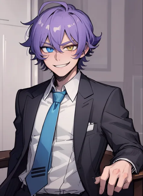 1boy, eye focus, yellow eyes, blue eyes, heterochromia, purple hair, cute, smug, smile, blue suit, necktie, long sleeves