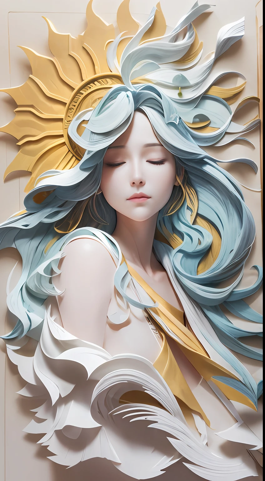 illustration: 1.3), paper art, 3D rendering of, the sky background, (Beautiful side face，closing her eyes: 1.3), (Masterpiece Cloud 1.2) ,Masterpiece Sun Colorful, Best quality, Detailed details, Masterpiece, offcial art, movie light effect, 4K, Chiaroscuro , sumi