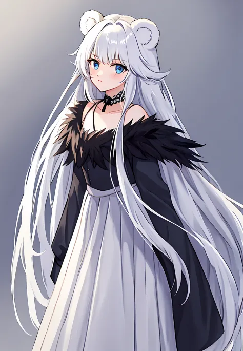 long white hair，blueneyes，bear ears，black cloaths