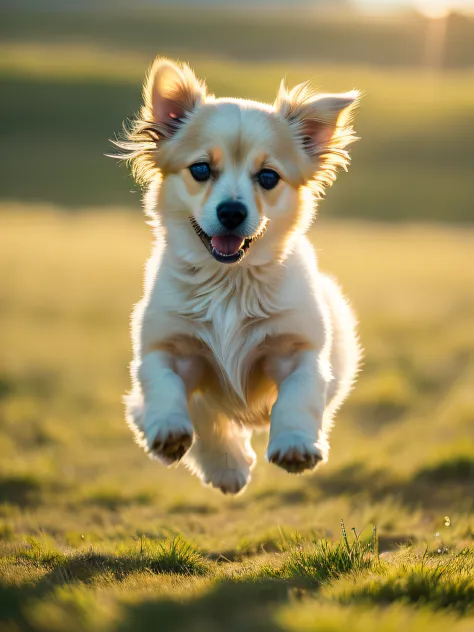 Close-up photo of a very cute jumping puppy on the prairie，Soft volumetric light，（The light from the back window is backlighted：1.3），（cinematic ligh：1.2），Complicated details，（ArtStation：1.3），Rutkowski