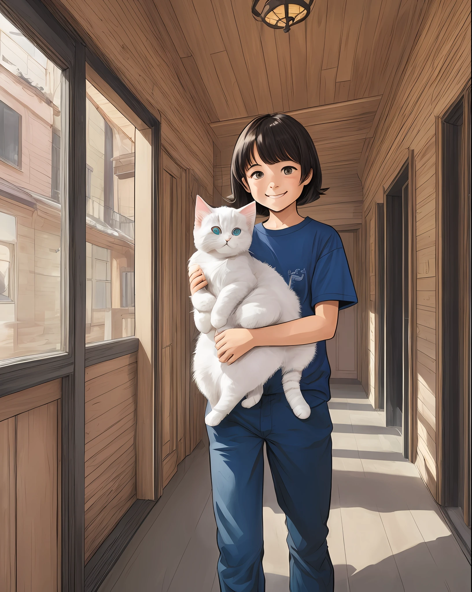 廊下で白い猫を抱いているアニメキャラクター - SeaArt AI