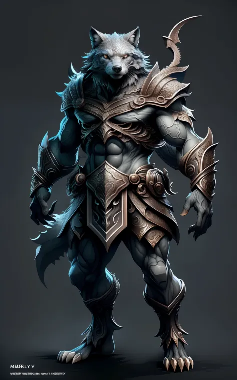 highly detailed fantasy art，1animal（gray wolf）anthropomorphic turtle、Full body standing painting，Ultra-burly body，highly details eye，pretty eyes，Detailed beautiful face，The body of the animal、furred、musculature、Intricate openwork pattern armor，Thick wild h...