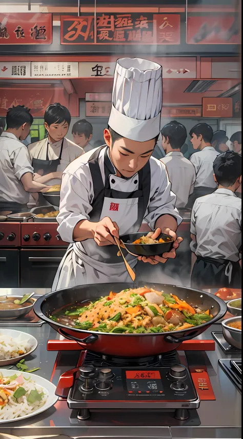 A chef in a live streaming room, holding a shiny wok and cooking a mouthwatering dish called "Supreme Emperor Fried Rice", surrounded by a notice on the wall that says "1万 yuan per portion, cooked and eaten on the spot, no delivery". The audience eagerly w...