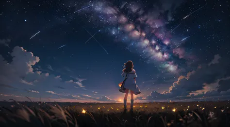 Vast landscape photos, a girl standing on a prairie looking up at the sky, shooting stars, fireflies, dreams