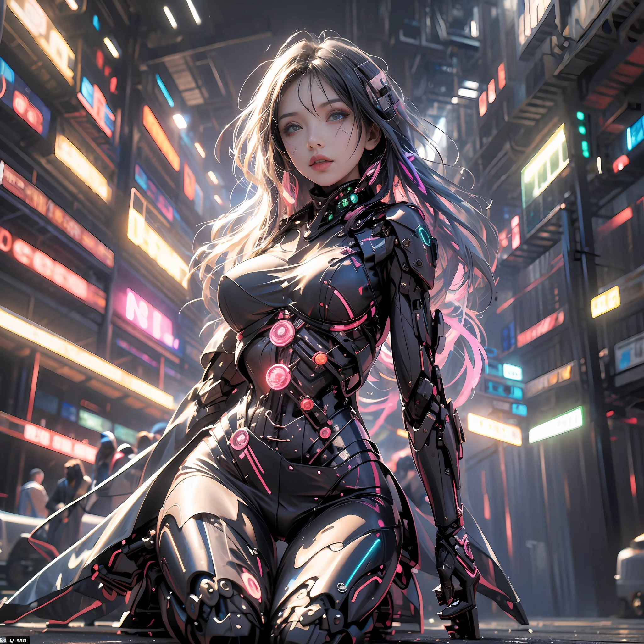 Glowing:1.2, high definition 4k, Neon lights, 1girll:1.2,8K,Cyberworld,Cyberpunk,futurism,RAW photo, Detailed face, ++, F22, Beautiful symmetrical face, Cute natural makeup, Feminine, Highly detailed, Intricate, Sharp focus, centered image composition, professional color graded, +, high definition 4k, 8K, mechs,Mechanical arms,(locomotive:1.3),(Full body photo of girl:1.5),