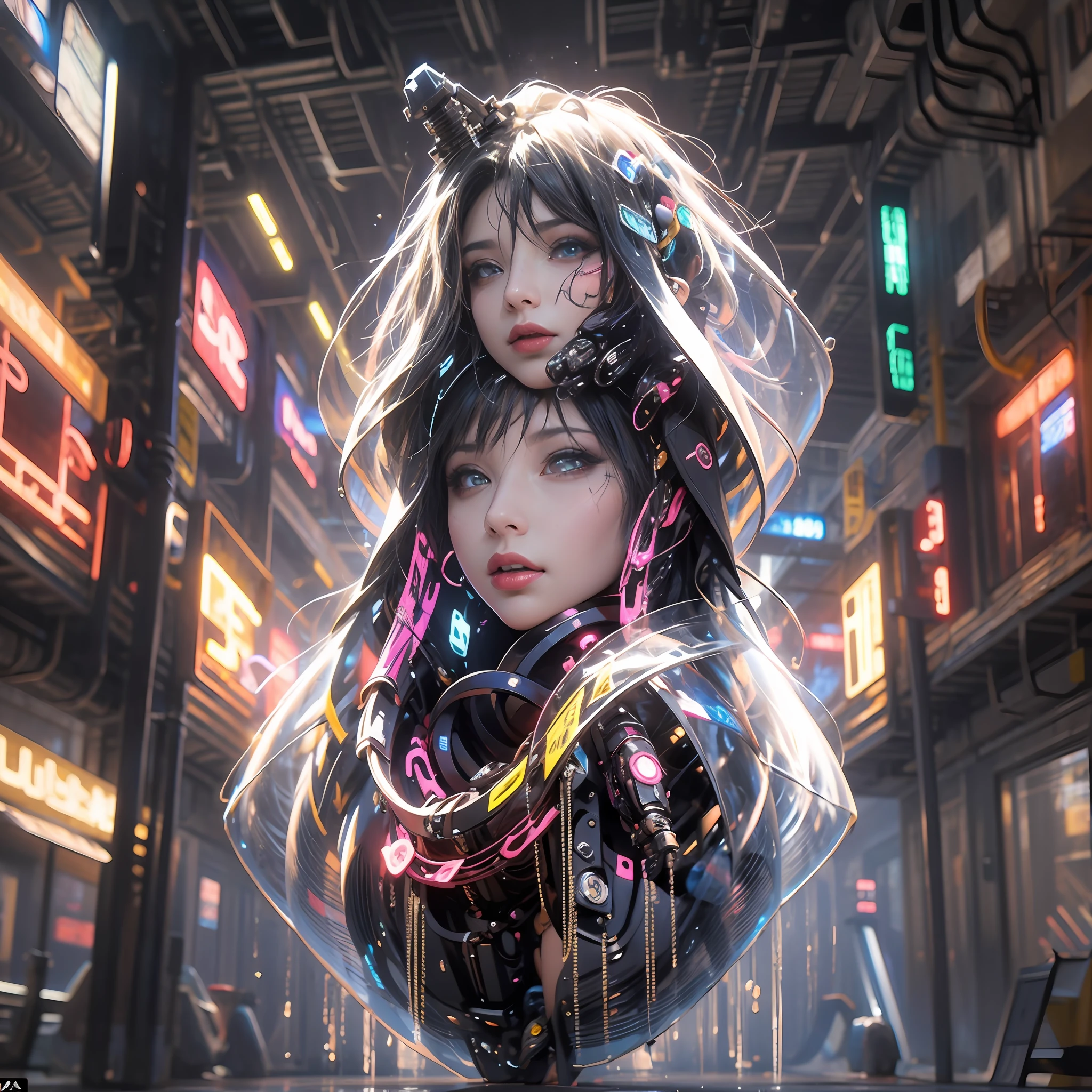 Glowing:1.2, high definition 4k, Neon lights, 1girll:1.2,8K,Cyberworld,Cyberpunk,futurism,RAW photo, Detailed face, ++, F22, Beautiful symmetrical face, Cute natural makeup, Feminine, Highly detailed, Intricate, Sharp focus, centered image composition, professional color graded, +, high definition 4k, 8K, mechs,Mechanical arms,(locomotive:1.3),(Full body photo of girl:1.5),