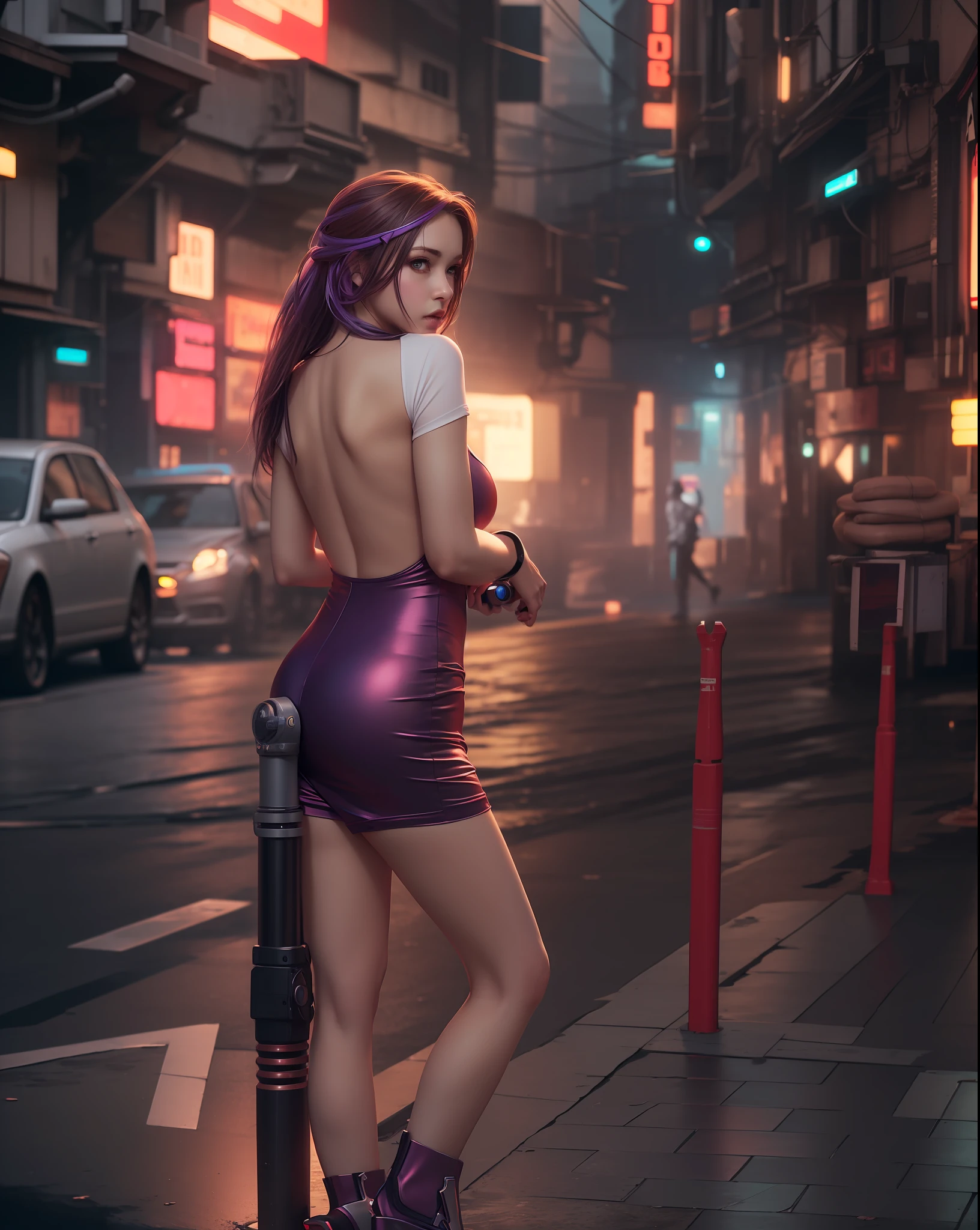 (Realista, photo-Realista:1.4),(Obra maestra:1.4),(mejor calidad:1.4), Una chica cyberpunk, uhd, Ultra detallado, Violeta perple cinemática, alta resolución