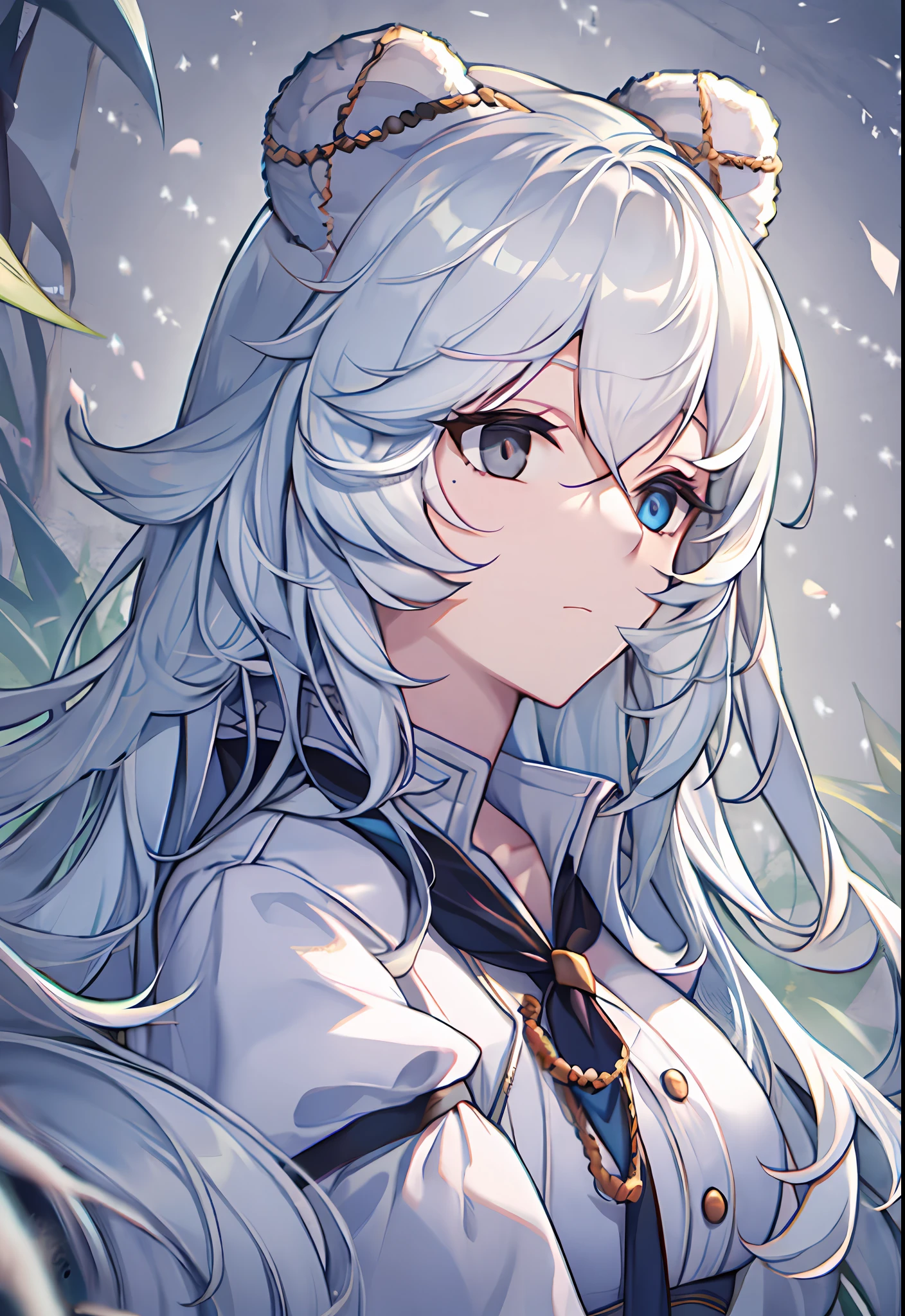 Long white hair，blueneyes，Bear ears，black cloaths