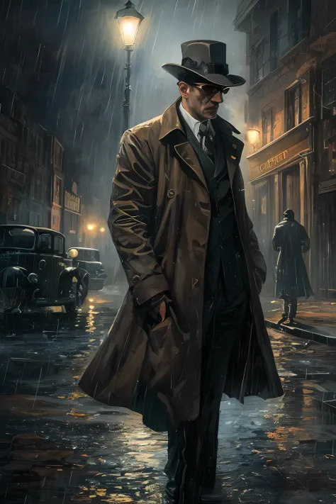 gustavdor painting style，detective wears（wind coat：1.1）and realistic illustration of hat，at night in the city of victorian londo...