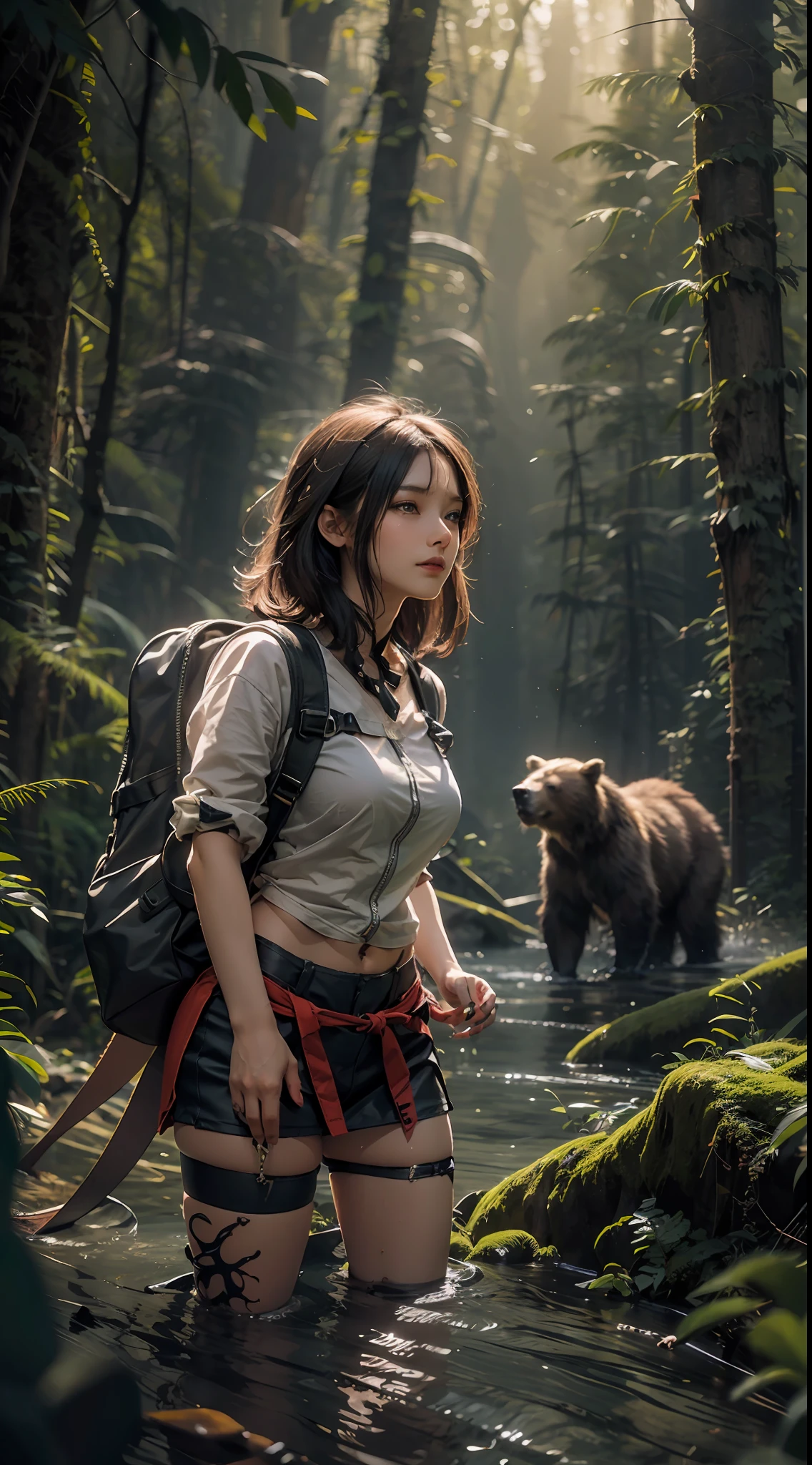 Illustration with the theme of bears and girls, （A girl with delicate and beautiful facial features, There is a fierce brown bear next to it）, （Adventurer costumes and backpacks）Background with（Dense primeval forest+waterfallr）, （Clear facial features）, Walk through primeval forests, poison fangs, Seductive smile, surrealism, Chiaroscuro, Cinematic lighting, Ray tracing, projected inset, first person perspective, Wide shot, Sony FE GM, hyper HD, Masterpiece, ccurate, Textured skin, High quality, High details, Super detail, Best quality, A high resolution, 8K