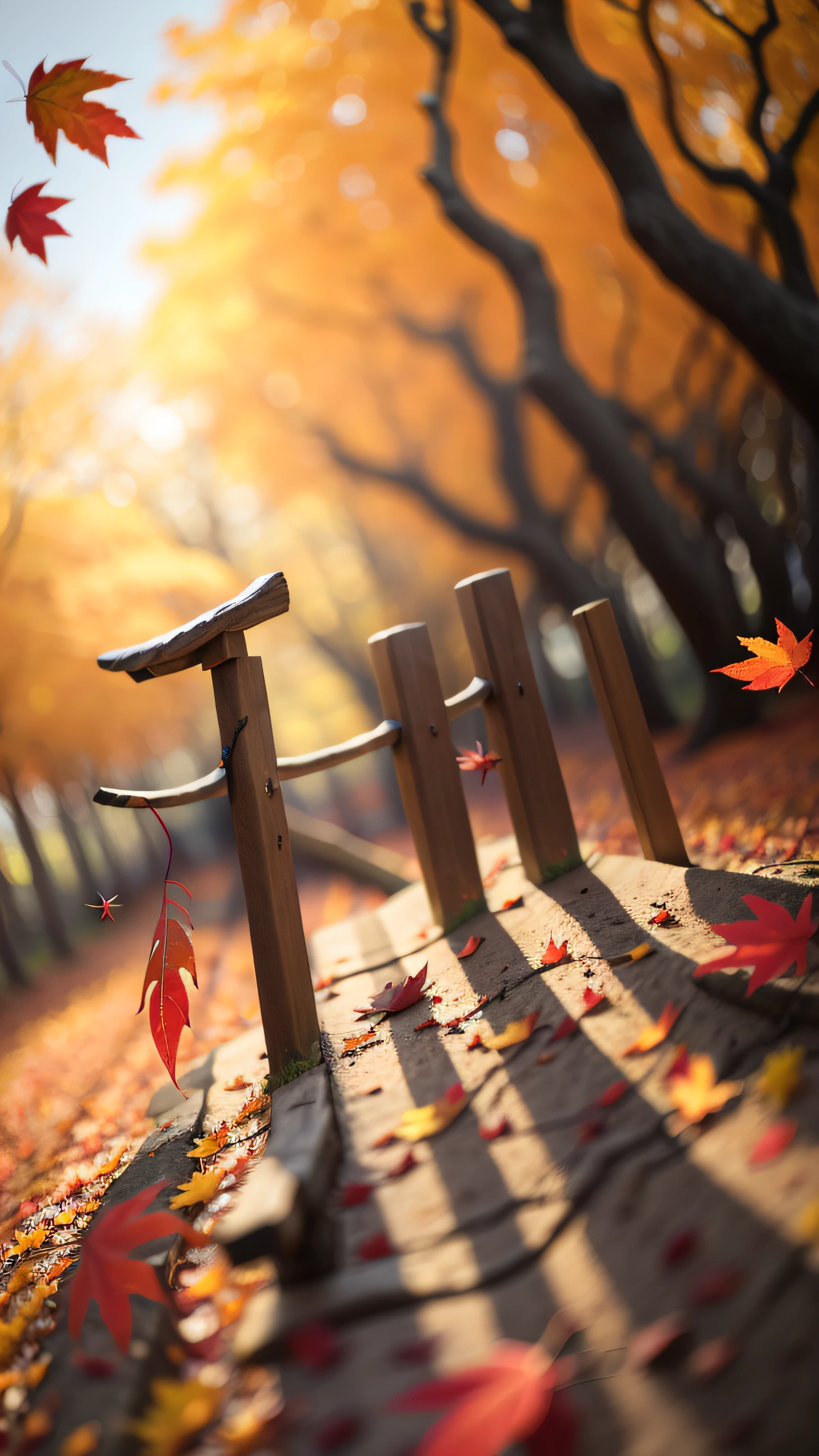 Autumn leaves fall all over the earth，Depth of field effect，fall leaves，maple leaves，tree branch，Autumn fruits，blur backgroun，minimalistic background