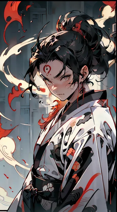 An anime poster (demon slayer anime style), jovem, Oni hunter, cabelo laranja, olhos laranja, roupa branca,  Hatred, wind breath...