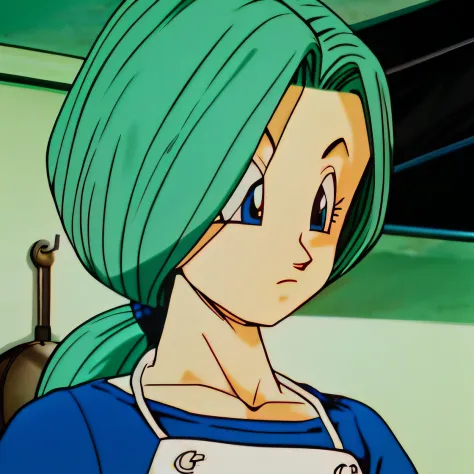 um close up de um personagem de desenho animado com um cabelo verde, menina saiyajin, Bulma de Dragon Ball, she has a distant ex...