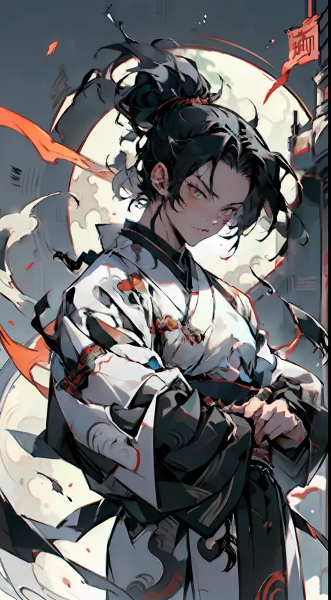 An anime poster (demon slayer anime style), jovem, Oni hunter, cabelo laranja, olhos laranja, roupa branca,  Hatred, wind breath...