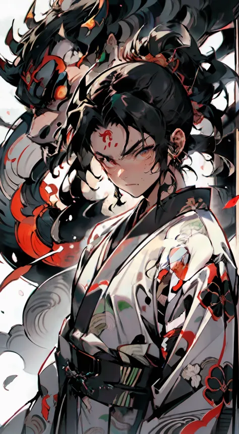 An anime poster (Demon Slayer anime style), jovem, Oni hunter, Cabelo laranja, olhos laranja, roupa branca,  Hatred, sopro de ve...