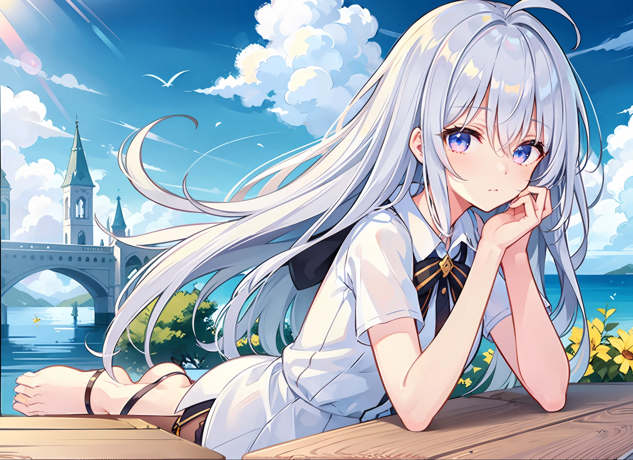 Anime-Mädchen mit weißen Haaren sitzt an einem Tisch am Meer, Mädchen mit weißen Haaren, Perfektes weißhaariges Mädchen, Sanfte Anime-CG-Kunst, Mädchen Frontline CG, Anime-Bild eines süßen Mädchens, weißhaarig god, weißhaariger Cangcang, feine Details. Mädchen vorne, von Mädchenfrontline, weißhaarig, Mädchen Frontline Stil, weißes Haar schwebt in der Luft