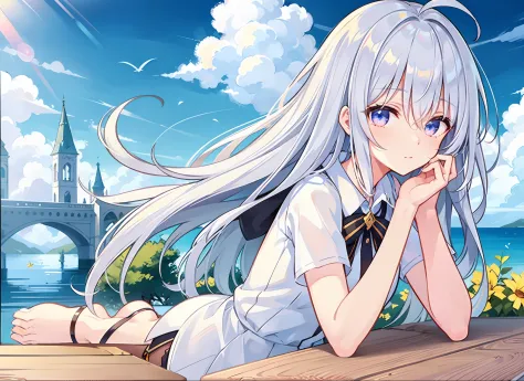 anime girl with white hair sitting at a table by the sea, girl with white hair, perfect white haired girl, smooth anime cg art, ...