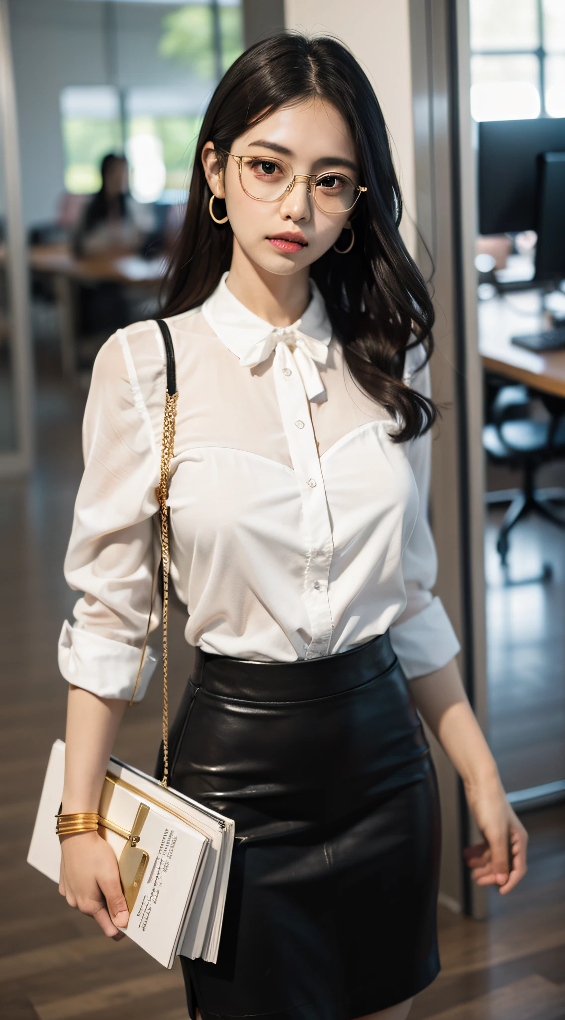 Gold wire orbital glasses，White color blouse，Black hip skirt，blacksilk，office desk，folders