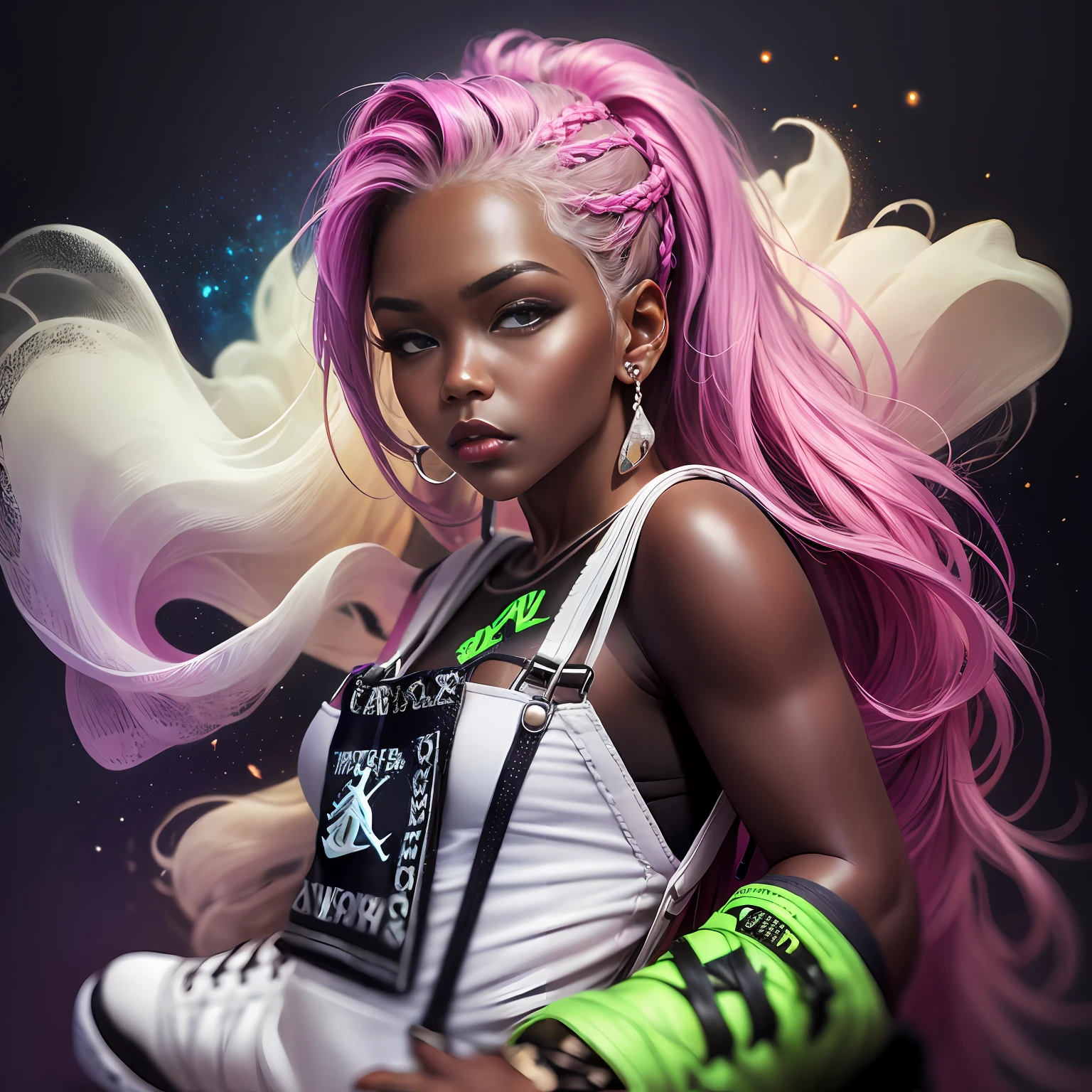 Femme de 18 ans à la peau foncée, Tressé 3 couleurs différentes rose fluo et vert fluo, cheveux de couleur contrastante, salopette blanche, (bretelles globales:1.5), (Baskets Retro Air Jordan 11 Taxi:1.5), look séduisant, bioluminescent, Filles de la ville, regarder la caméra, joufflu, 1fille:1.2, corps recouvert de diamants et de bijoux Un pli central nommé Shauntice, Métis instagram Biracial Ethnique Caremel skin-Mode:1.2, Streetwear Hypebeast suprême:1.3 \(marque\), mots sur le corps:1.1, Instagram Braid Artist instagram Coiffeur (1fille), 2 cheveux colorés, (Nébuleuse fumée derrière la tête et les yeux Ethereal:1.2, , Alberto Seveso, art fantastique:1.1, ((fond fantastique)) , longs cheveux fumés:1.2, en plein air, esthétisme), (chair de poule:0.5), diffusion souterraine, (chef-d&#39;œuvre, Qualité supérieure, meilleure qualité, art officiel, beau et esthétique:1.2), extrêmement détaillé, coloré, le plus détaillé