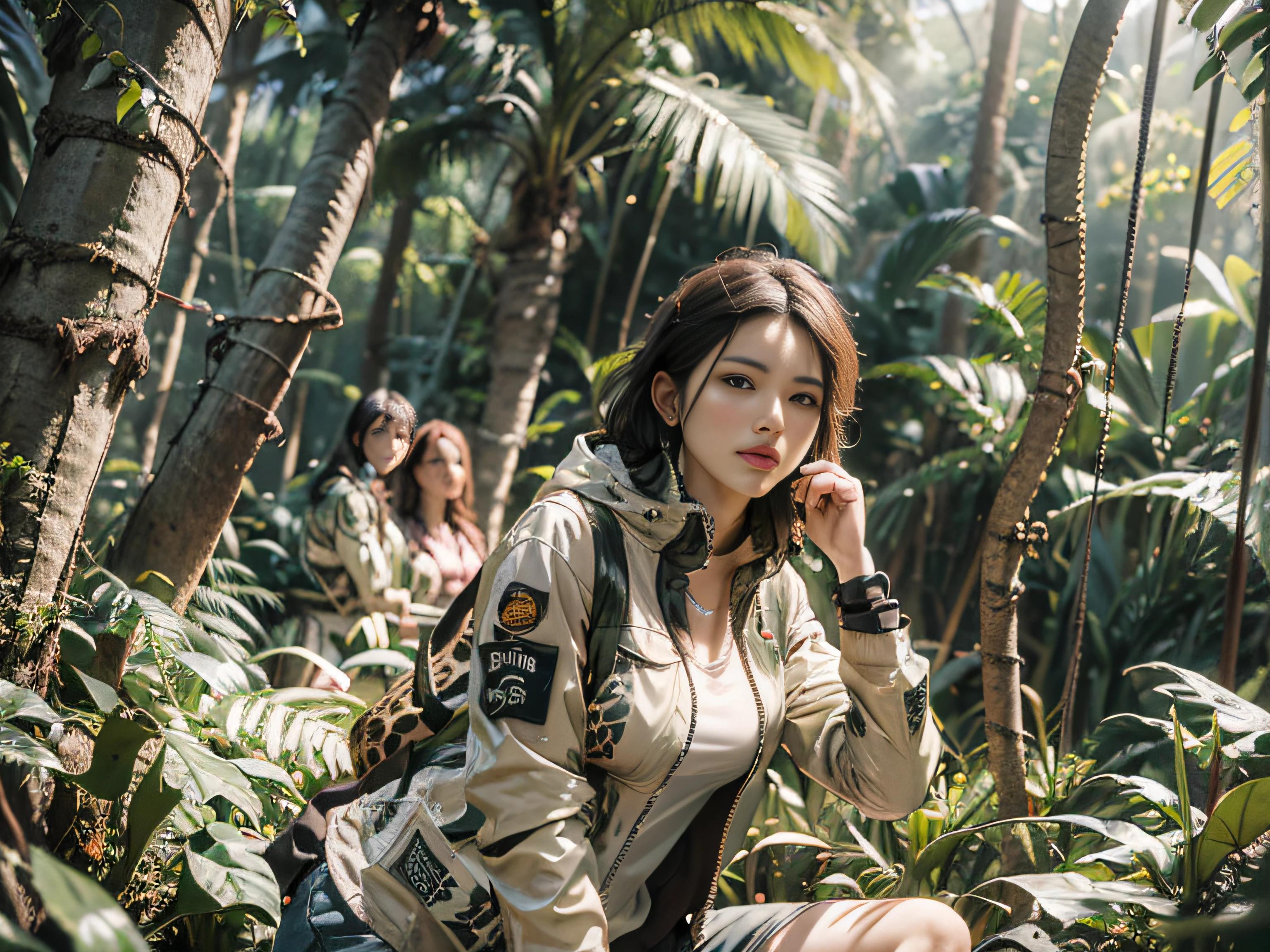 ((In the jungle of the dense forest:1.4))、(​masterpiece、top-quality)、(((landscapes)))、(((((Three female jungle adventurers wearing safari jackets:1.4)))))、Photo posed, Full Shot, (((Tire high-speed rotation)))、Shutter Speed：Continuous shooting、((The tree々Honda CBR1000RR galloping through jungle covered by)), The sun's rays are trees々Plug in a little bit from between、 (Jungle Adventure:1.3)、(Deep in the jungle:1.5)、((In the dense rainforest, The sun doesn't reach、Grass is growing without a road))、(The dim:1.3), (Forest Mountain Village:1.2)、(the wind、Sunnyday、bright clouds:1.3)、(motion-blur)、super detail, high details, high quality, award winning, best quality, highres, 1080P, HD, 4K, 8k, 16k, Wallpapers of,

Crazy Color, Rembrandt lighting, Arnold Rendering, Photorealistic with 8K resolution, Photorealsitic, photographrealistic, Rich colors, Peach Fuzz, award winning photo by lee jeffries, nikon d850 film stock photograph, kodak portra 400 camera f1.6 lens, Extremely detailed, amazing, Fine detail, ultra realistic lifelike textures, Dramatic Angle, unrealengine, Trending on ArtStation, cinestill 800 tungsten, Raw photo,