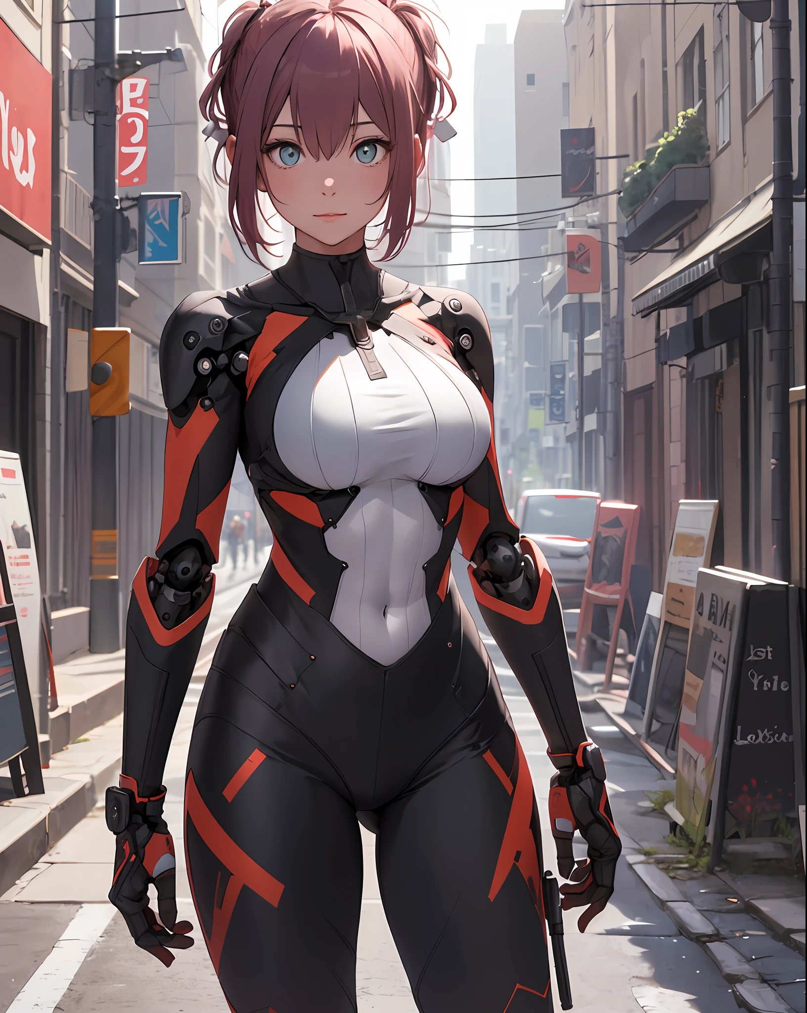 1girl,large breasts, 
outdoors,cityscape, street,standing,cowboy shot, 
((plugsuit)), ((mechanical arms)),
solo , BREAK, 1girl, solo, looking at viewer, (young cute beautiful 18-year-old girl:1.4), 3d face, beautiful girl, Beautiful face, pretty, girlface, kpop idol, supermodel, stunning innocent symmetry face, perfect body, medium breast, slim waist, slim legs, (high detailed skin:1.4), glowing eyes,