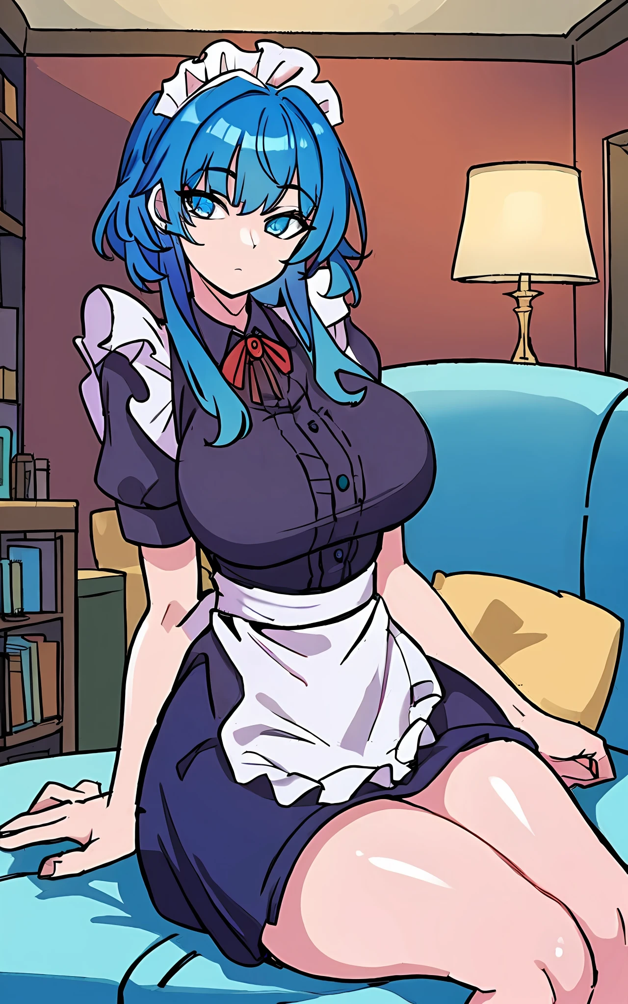 (((Masterpiece))),(((best quality))), Maid outfit, soft smile, blue hair, blue eyes, large breasts, thick thighs, living room background, sitting