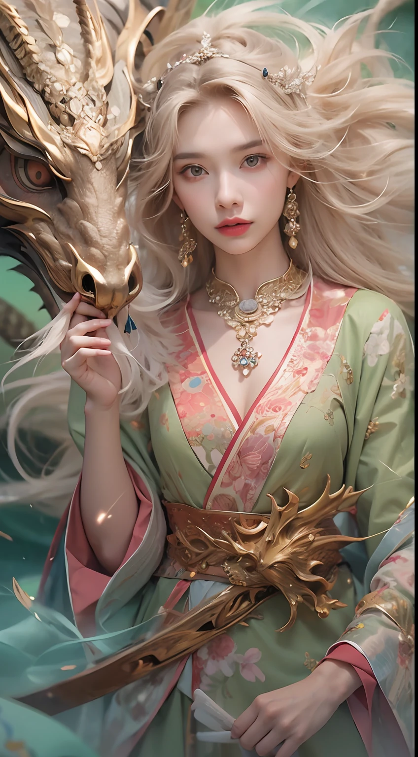 (Best quality), (Masterpiece), a very exquisite and beautiful girl, Very detailed, Amazing, exquisitedetails, offcial art, Super detailed, high-class, beautiful details girl, with a radiant face, a girl  standing in front of a dragon, Long, without humans, Dragon, (Floating blonde hair), jade water book, water, Waves, fullofwaterenergy, All mechanical, pink mechanical, mix4,swordsman,1girll