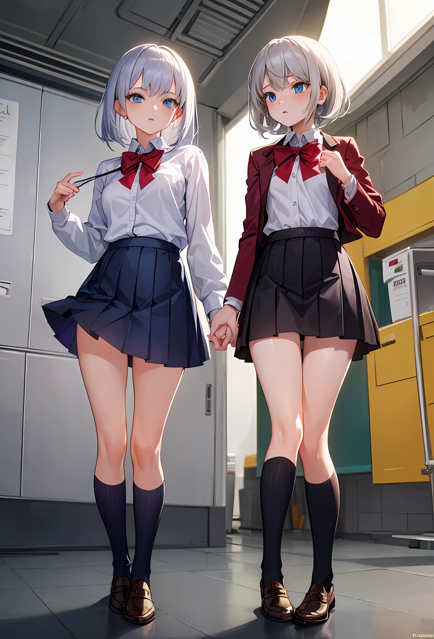 ((Masterpiece), Top Quality, Girl, (High School Uniform), , Silver Shorthair, Blue Eyes, (Skirt Deflected), (White Panties), (Small), Perfect Anatomy