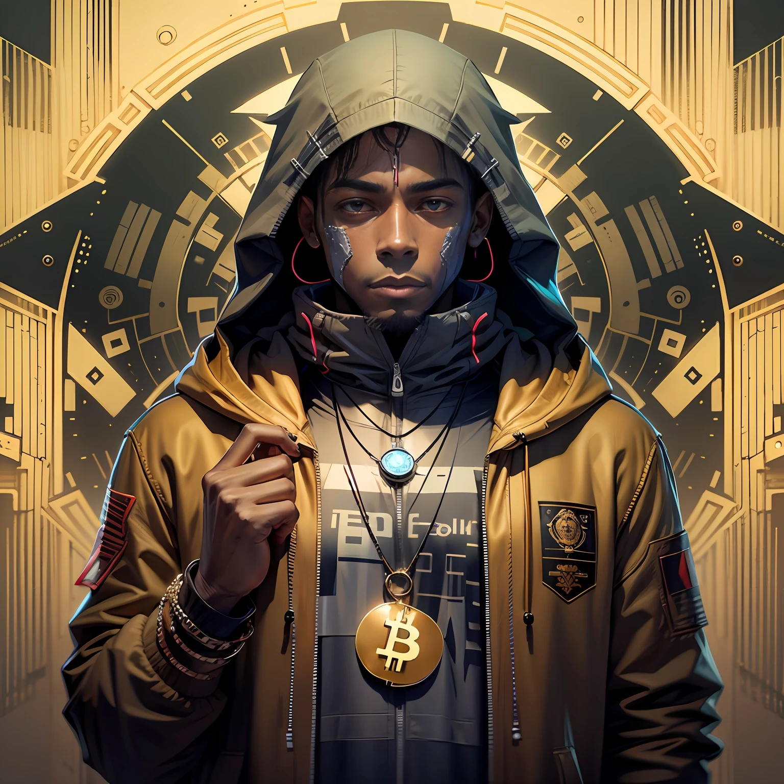 EAGLE CHARACTER, black man, hooded, with bitcoin necklace, cyberpuk ...