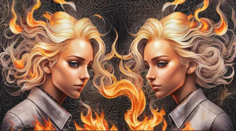 Blond-haired triplets, jaquetas de couro E ROUPAS DE PRATA, [Vetor abstrato Allipcart] textura de fogo, ondas de calor, smoke bi...
