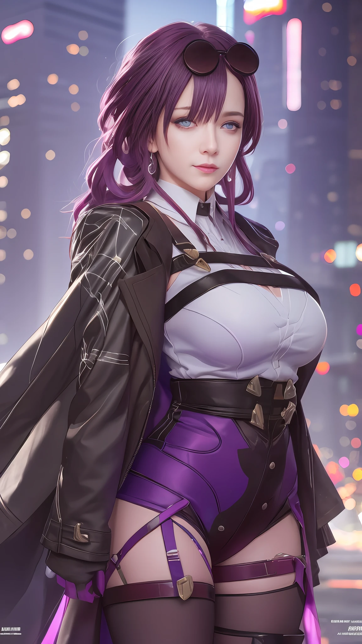 masterpiece, best quality, purple hair, (purple eyes:1.2), light, realistic, photo, science_fiction, huge_filesize, in the cyberpunk city, steam, masterpiece,best quality,official art, extremely detailed CG unity 8k wallpaper, girl, solo, bishoujo, incredibly_absurdres, big breasts, long shot, full body, mischievous laugh, (((cinematic look)))