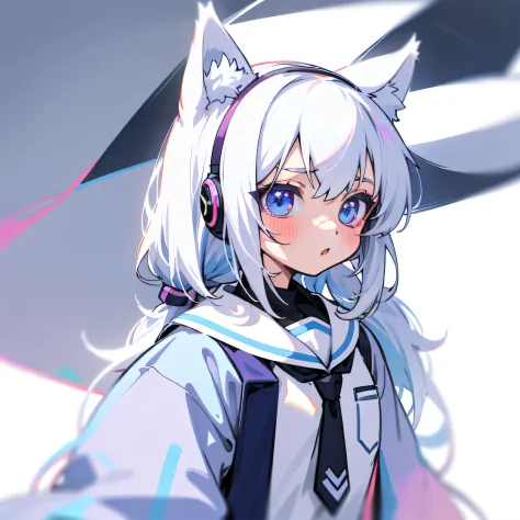 anime girl with headphones and a tie, anime moe artstyle, flat anime style shading, white cat girl, flat anime style, in an anim...
