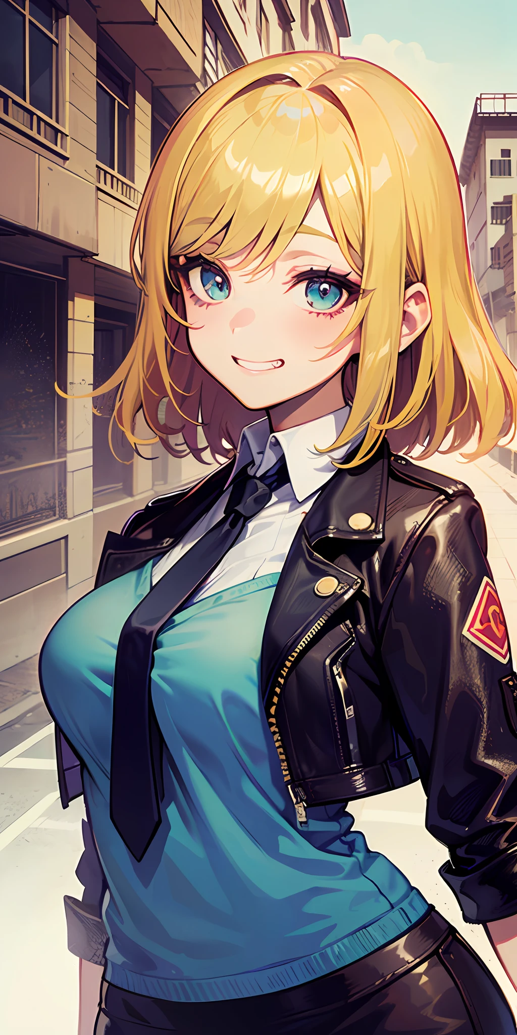 (​masterpiece:1.6、top-quality)、(Fine and beautiful eyes: 1.2)、(looking-down)、hightquality、beautiful countenance、1girl in、Leather tight skirt、Oversized leather jacket, large boob, long, wide-hips, (sideways Facing, ), Street, Background with, detailedbackground,Creepy grin、Laughter at the corners of his mouth、long court、Shirt、neck tie、OL、A MILF、a blond