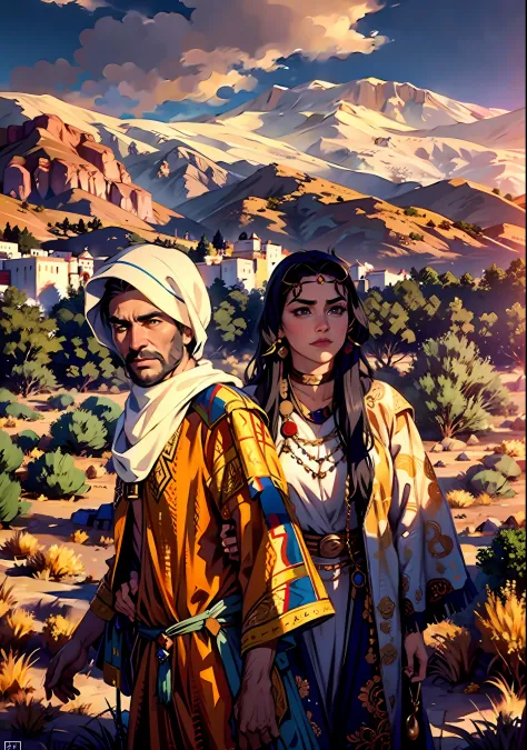 (best quality, masterpiece), a cinematic movie poster for a historical film, cinematic, fade, arabic couple, showcasing their be...