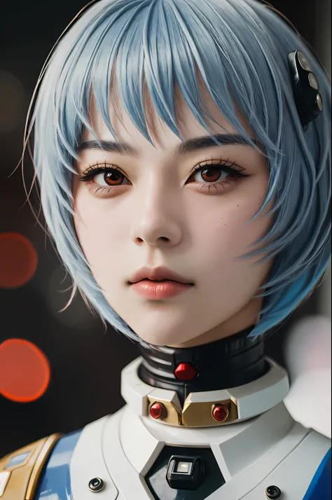 1girl, solo, photography, portrait of reiayanami girl, bokeh, realistic, absurdes, detailed,