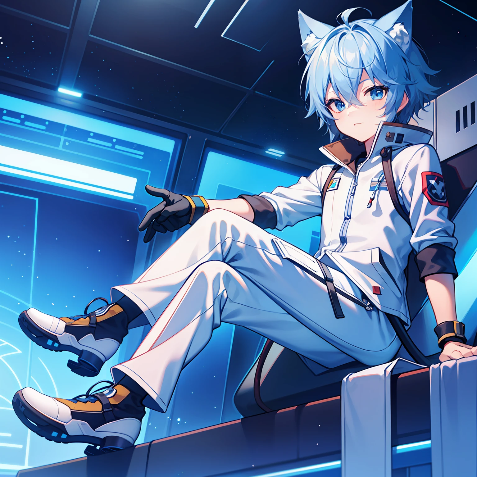 juego cg, niñito, Sentido del chico, Anime Male Protagonist, orejas de lobo, cola de lobo, gafas de esquí, soldado, pixiv, mono blanco y azul, guantes blancos sin dedos, botas de combate, puño, Dentro de la estación espacial, Noche