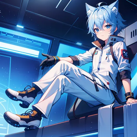 Game CG, Little Boy, Boy Sense, Anime Male Protagonist, Wolf Ears, Wolf Tail, Ski Goggles, Soldier, Pixiv, White and Blue Jumpsu...