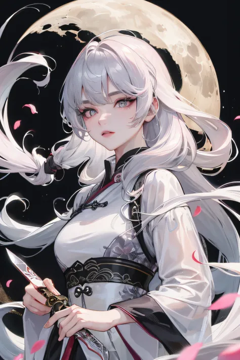 8K, Masterpiece, Best quality, Night, full moon, 1 girl, Chinese style, Chinese architecture, Mature woman, sister, Silver white long haired woman, Long hair, Light pink lips, calm, logical, bangs, Gray pupils, assassins, Fan, Knife fan, petal dancing, Del...